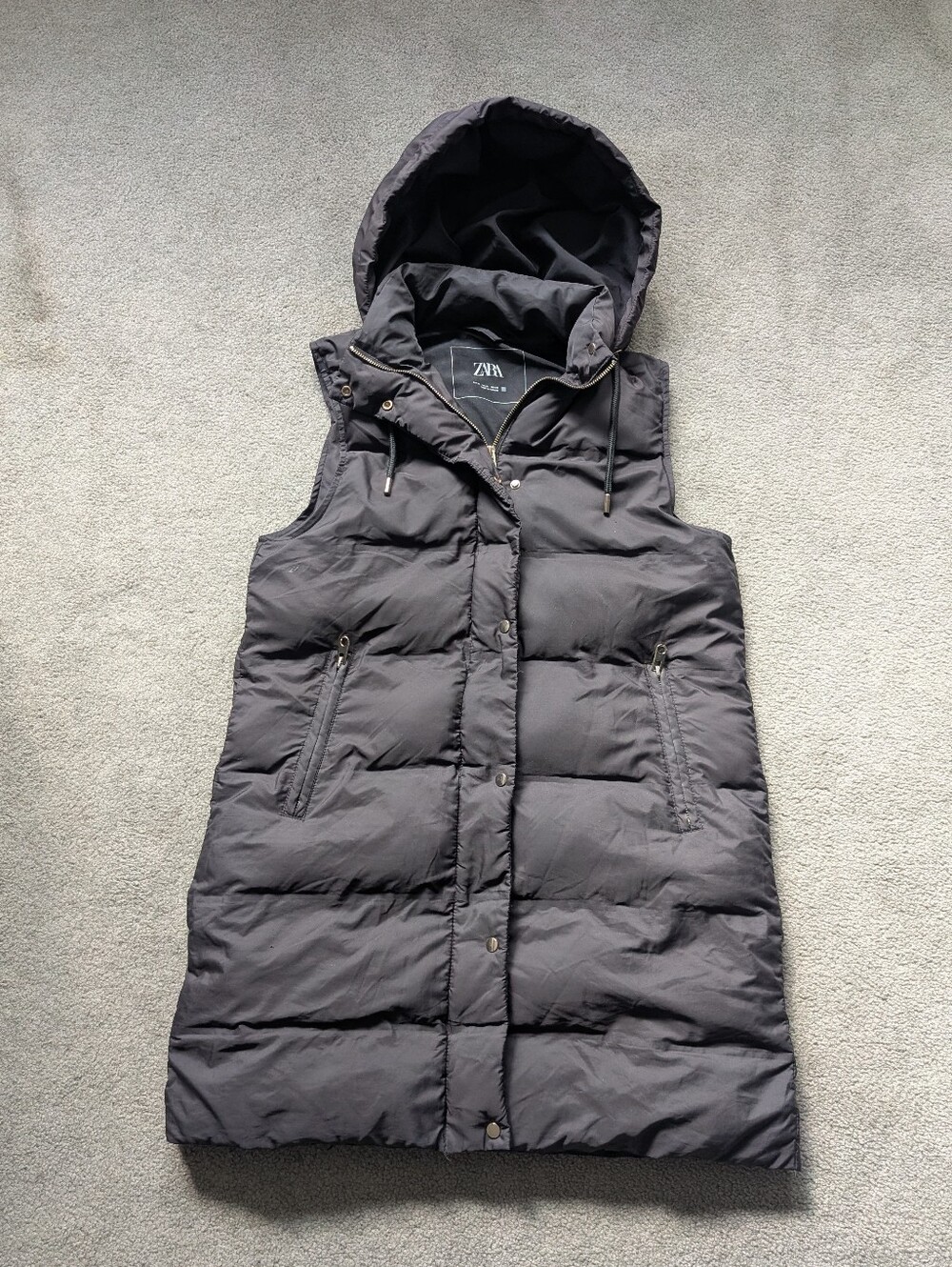 Zara Black Long Hooded Puffer Vest gold accents Size M